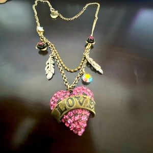 Betsey Johnson brass pink heart necklace